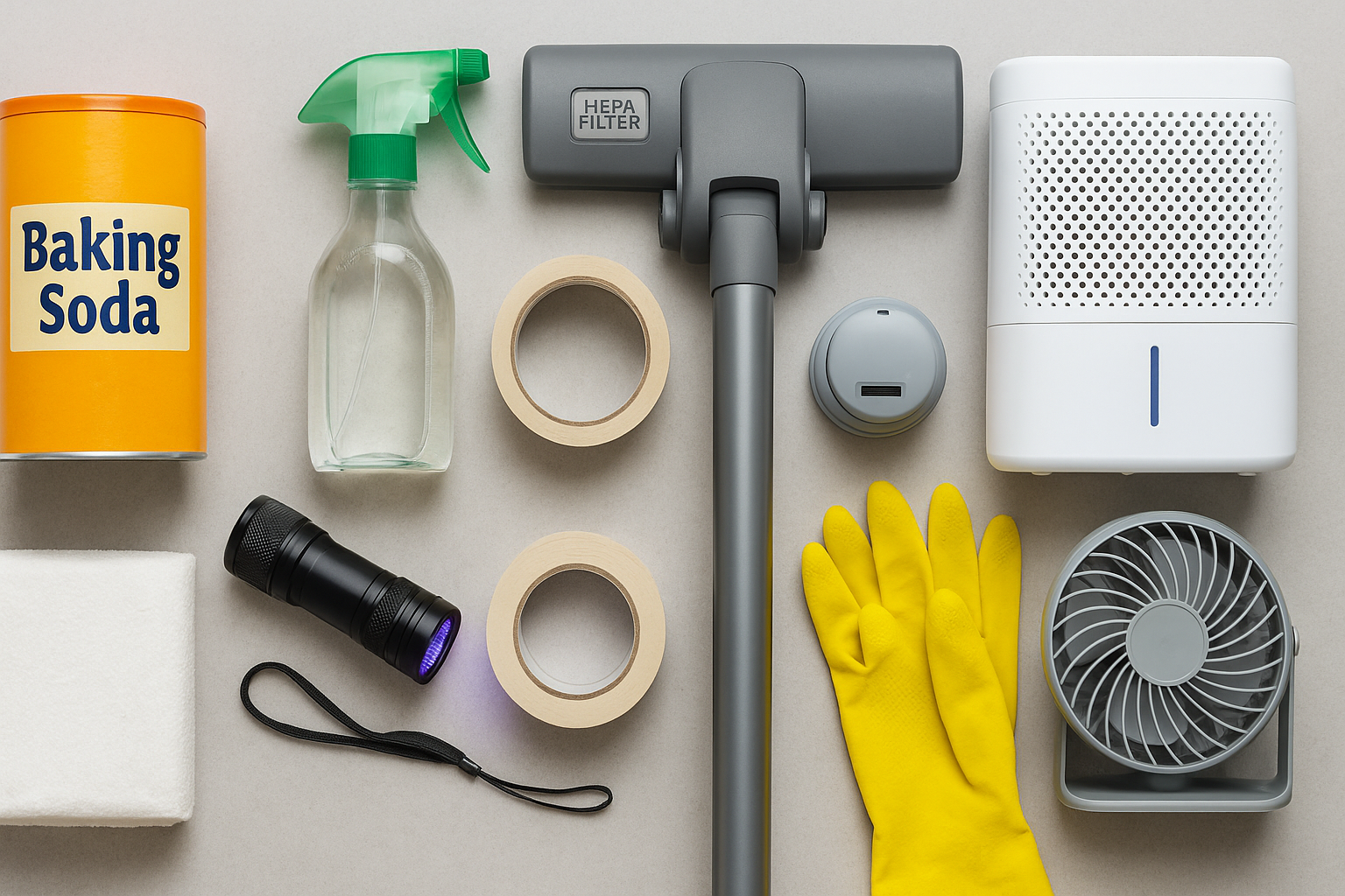 Flat lay of tools and supplies for odor removal including baking soda, HEPA vacuum, gloves, and fan for removing wet carpet smell